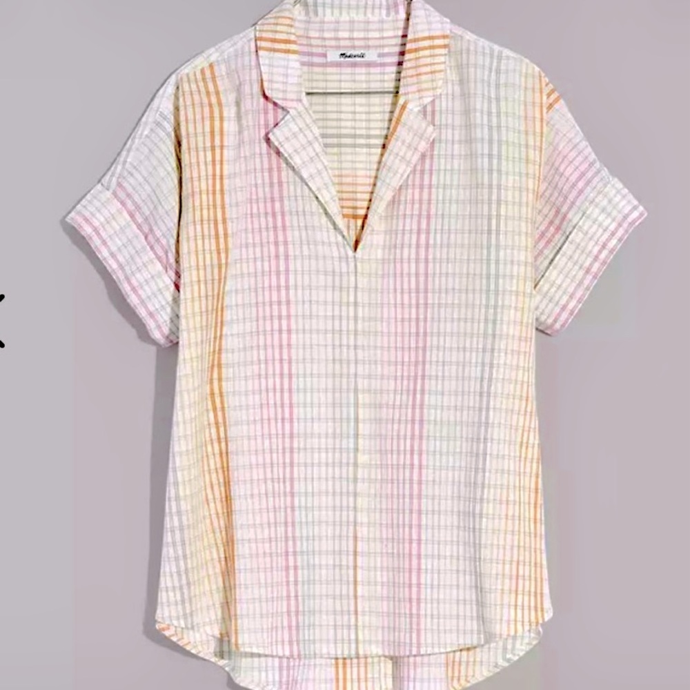 - Madewell Lakeline Popover Top Shirt Rainbow Plaid Blouse